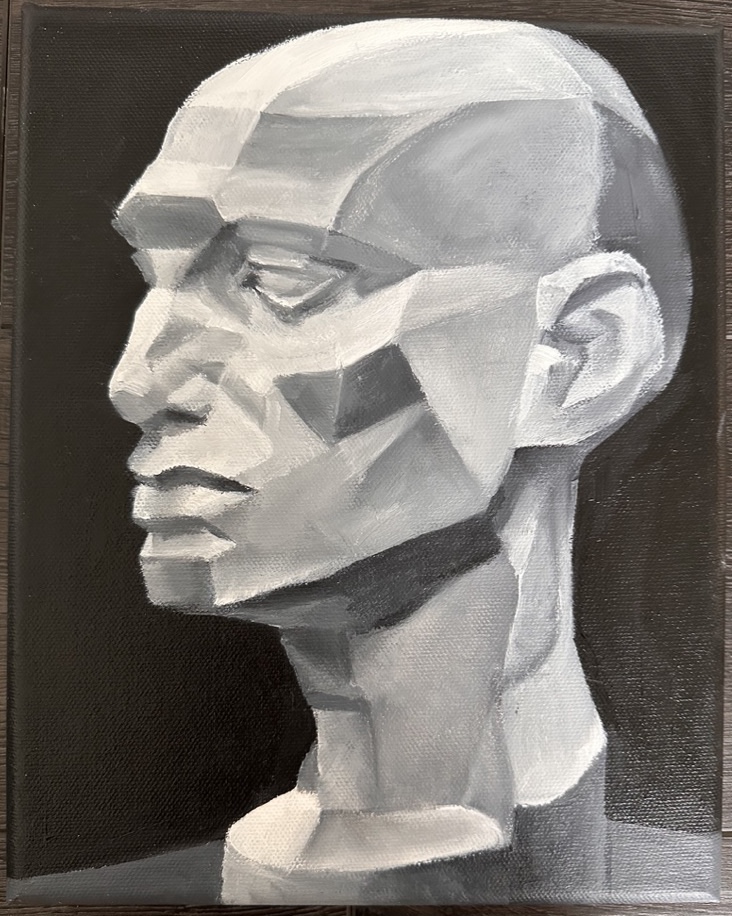 geometric face sculpture, oil painting
