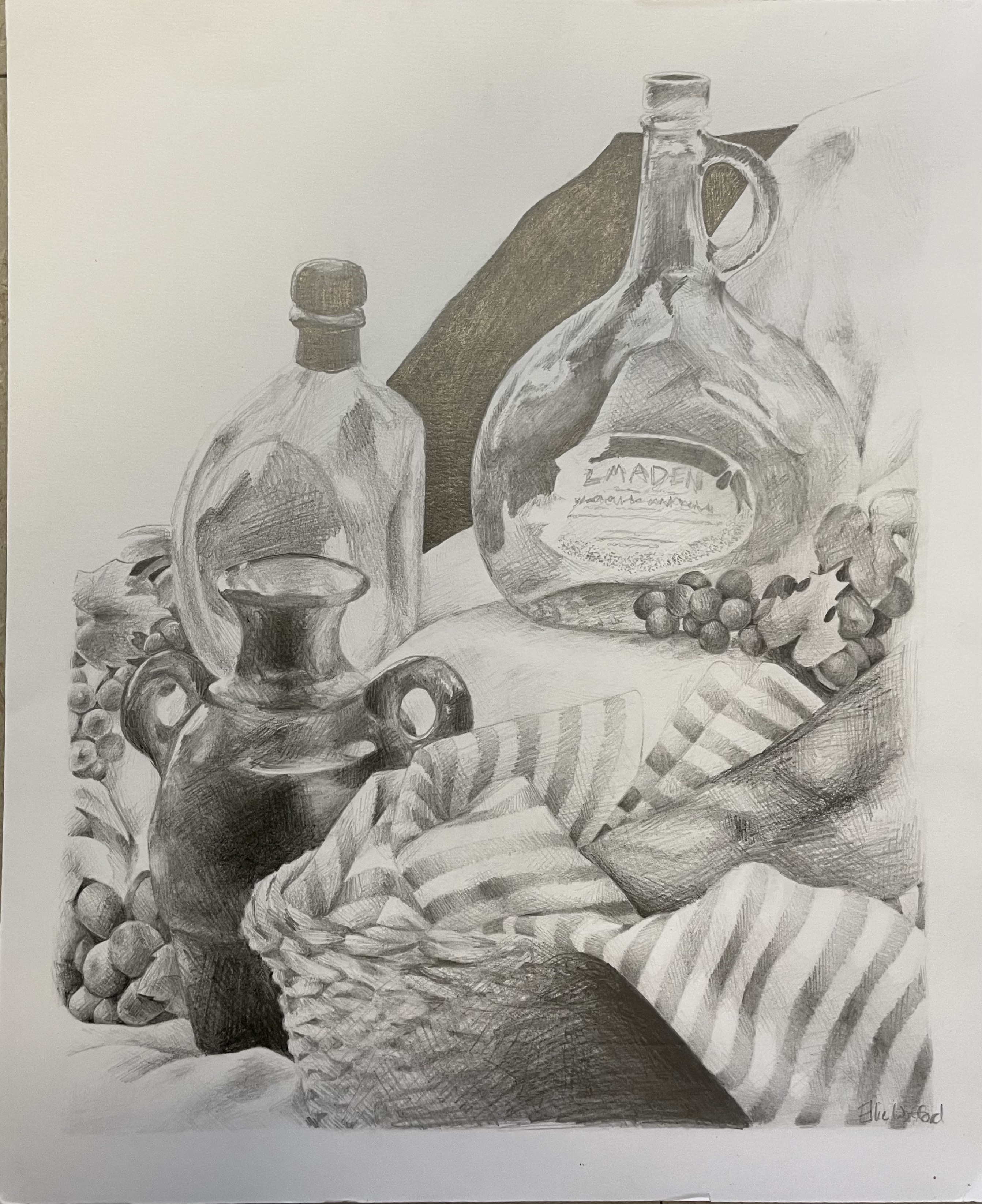 still life illustration of bread and vases, graphite